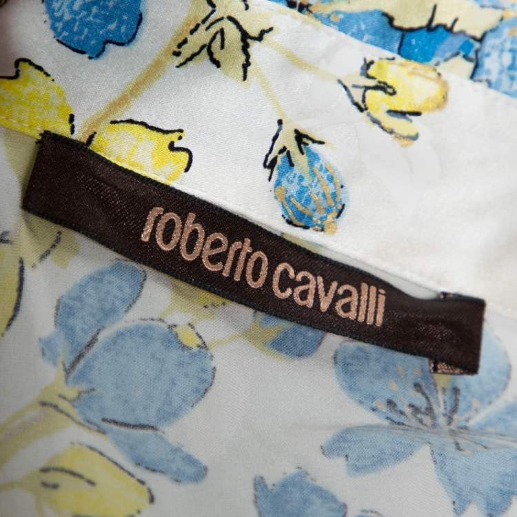 Pre Owned Roberto Cavalli White Floral Printed Stretch Silk Button Front Shirt L 