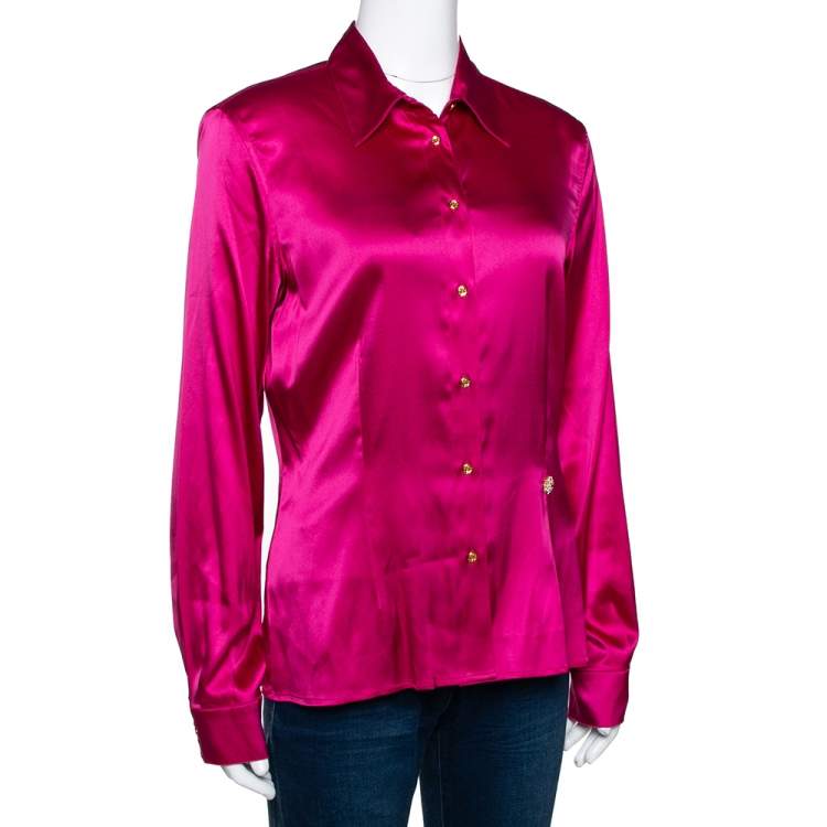 Pre Owned Roberto Cavalli Pink Stretch Silk Button Front Shirt L 