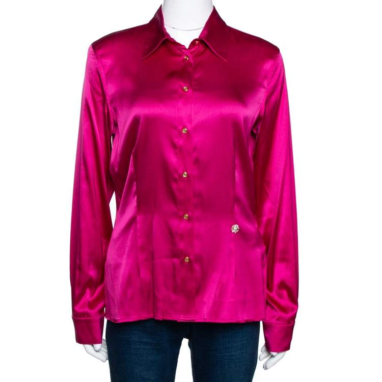 Pre Owned Roberto Cavalli Pink Stretch Silk Button Front Shirt L 