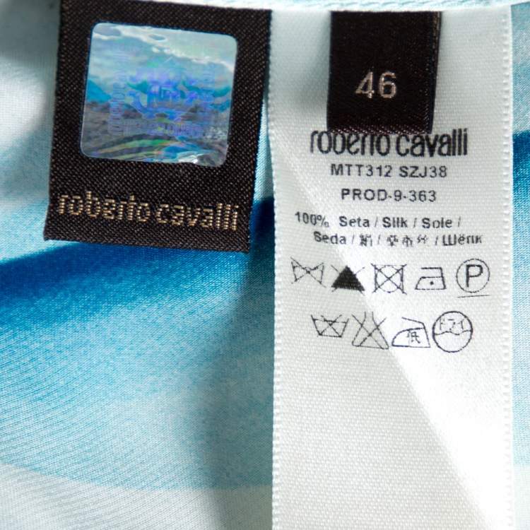 Pre Owned Roberto Cavalli Blue Printed Silk Satin Mermaid Maxi Skirt L 