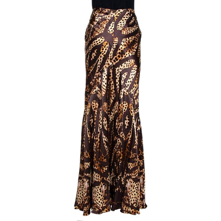 Pre Owned Roberto Cavalli Brown Animal Print Silk Satin Maxi Skirt L