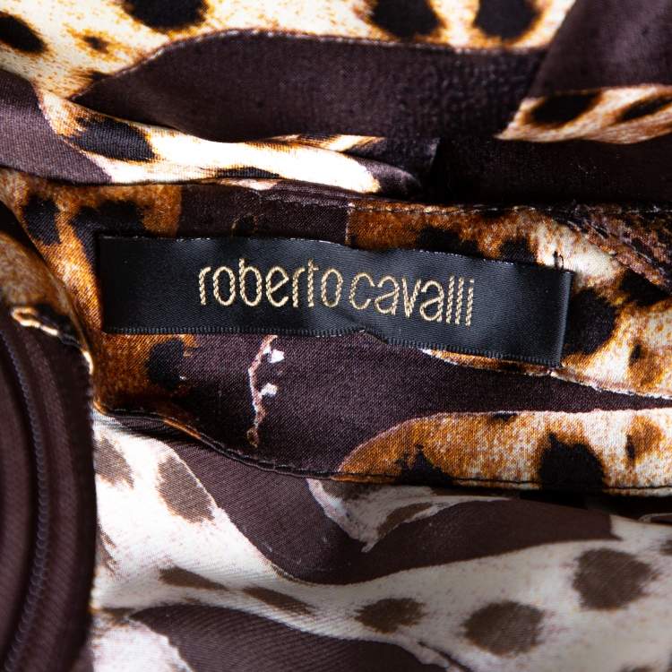 Pre Owned Roberto Cavalli Brown Animal Print Silk Satin Maxi Skirt L