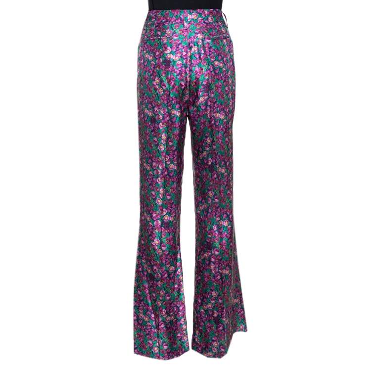 Pre Owned Roberto Cavalli Pink Floral Print Silk Wide Leg Pants L