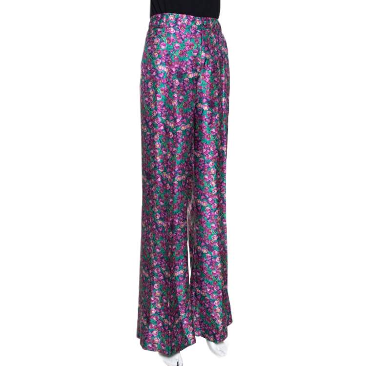 Pre Owned Roberto Cavalli Pink Floral Print Silk Wide Leg Pants L