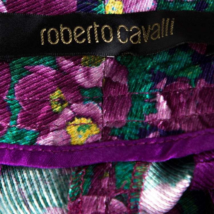 Pre Owned Roberto Cavalli Pink Floral Print Silk Wide Leg Pants L