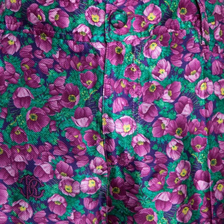 Pre Owned Roberto Cavalli Pink Floral Print Silk Wide Leg Pants L