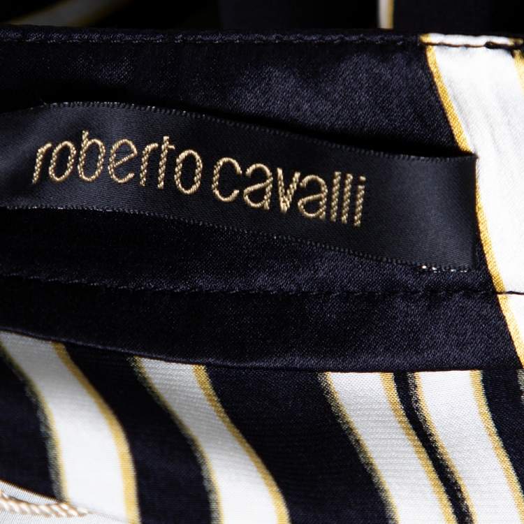 مملوكة مسبقًا Roberto Cavalli Black Optical Print Silk Satin Maxi Skirt L