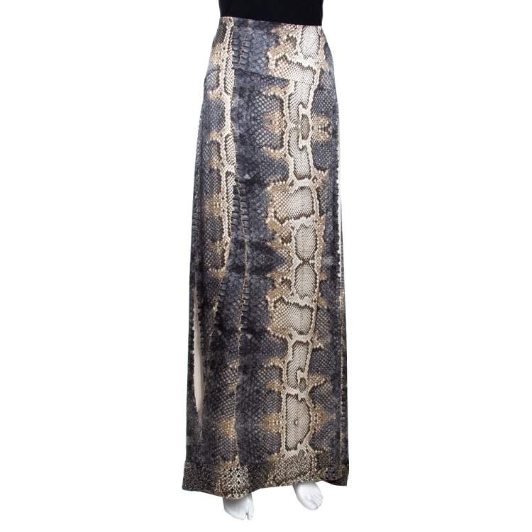 Pre Owned Roberto Cavalli Grey Snake Print Silk Stud Embellished Maxi Skirt L