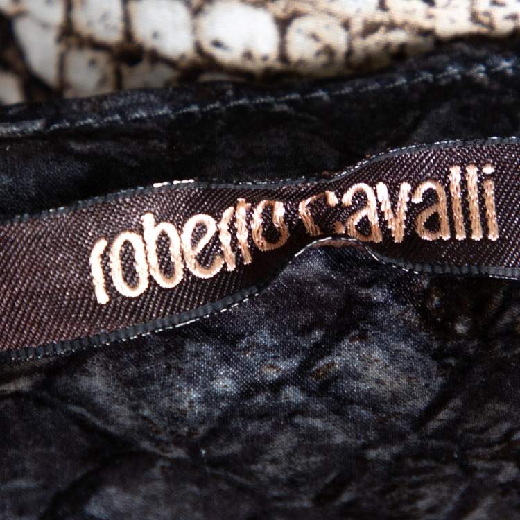 Pre Owned Roberto Cavalli Grey Snake Print Silk Stud Embellished Maxi Skirt L