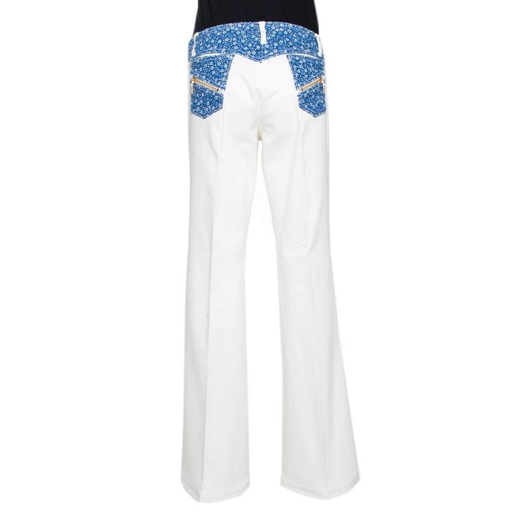 Pre Owned Roberto Cavalli White Denim Printed Trim Flared Jeans L