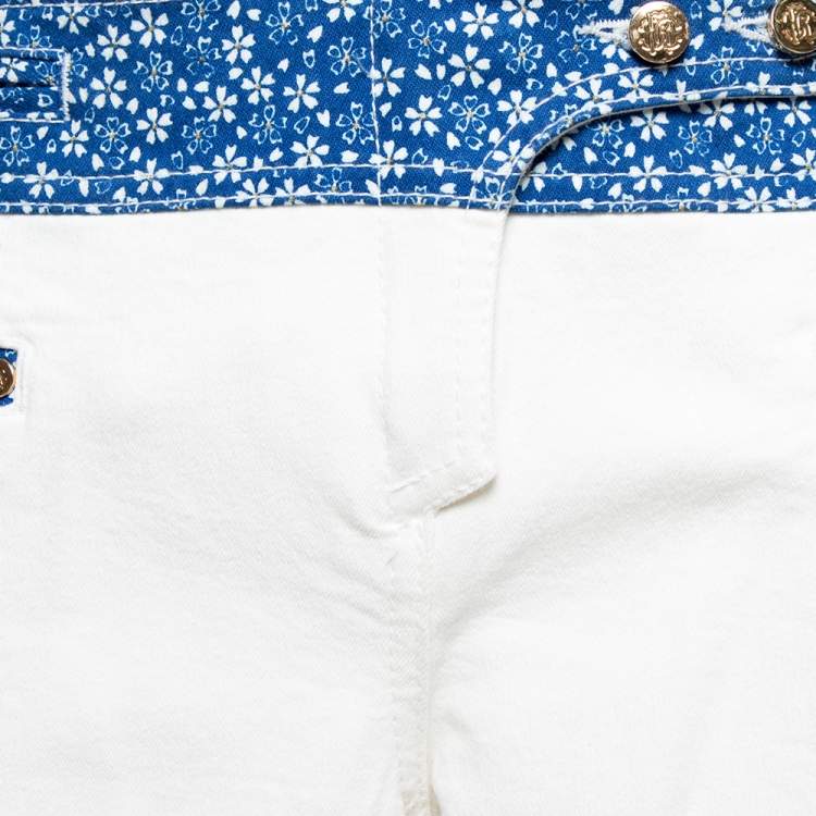 Pre Owned Roberto Cavalli White Denim Printed Trim Flared Jeans L