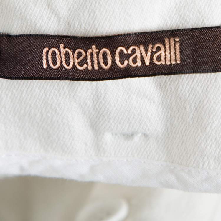 Pre Owned Roberto Cavalli White Denim Printed Trim Flared Jeans L