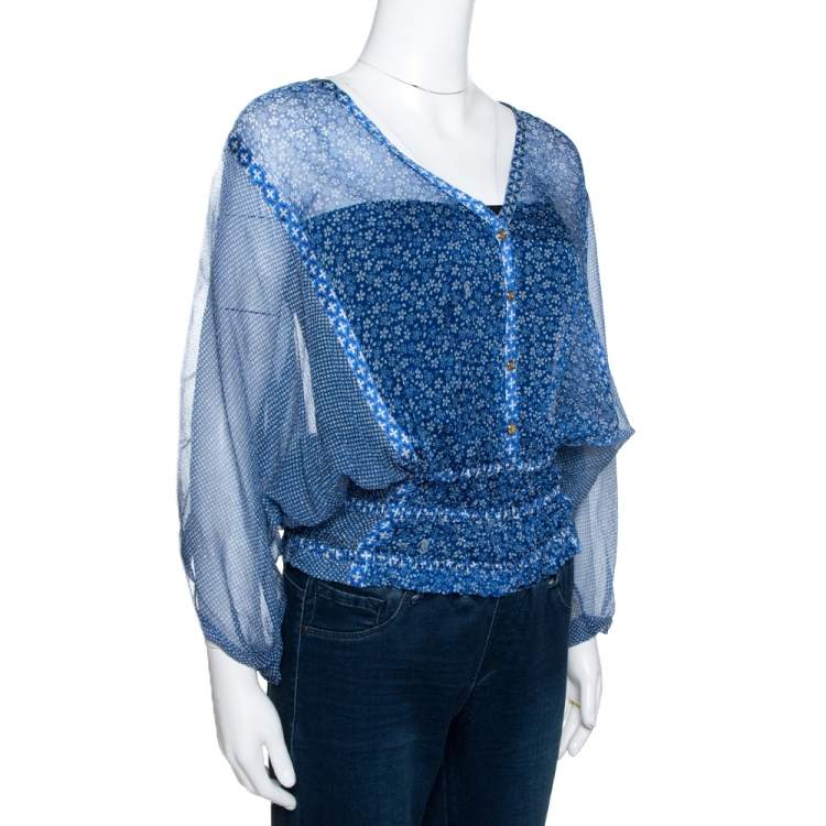 Pre Owned Roberto Cavalli Blue Floral Shimmer Print Silk Sheer Kaftan Blouse M