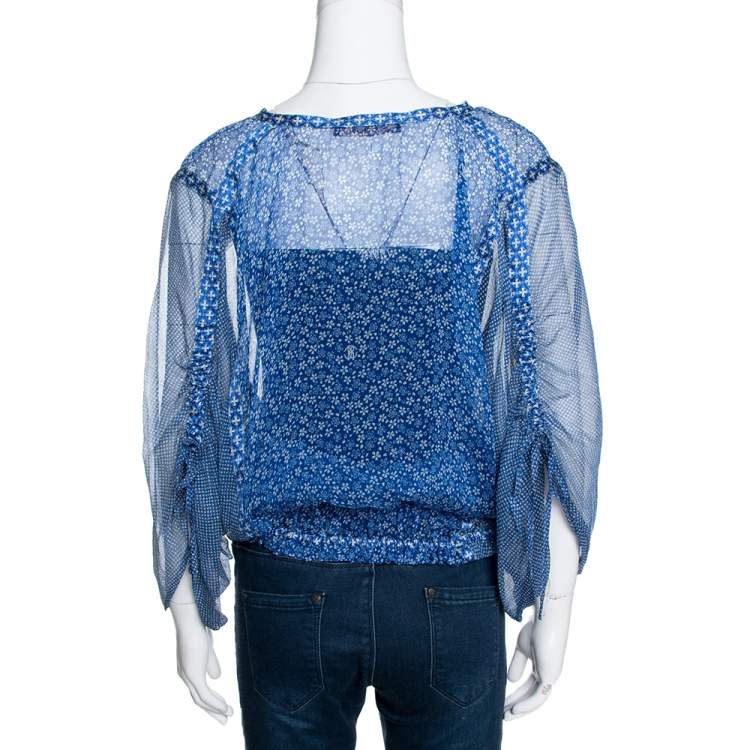 Pre Owned Roberto Cavalli Blue Floral Shimmer Print Silk Sheer Kaftan Blouse M