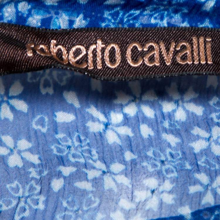 Pre Owned Roberto Cavalli Blue Floral Shimmer Print Silk Sheer Kaftan Blouse M