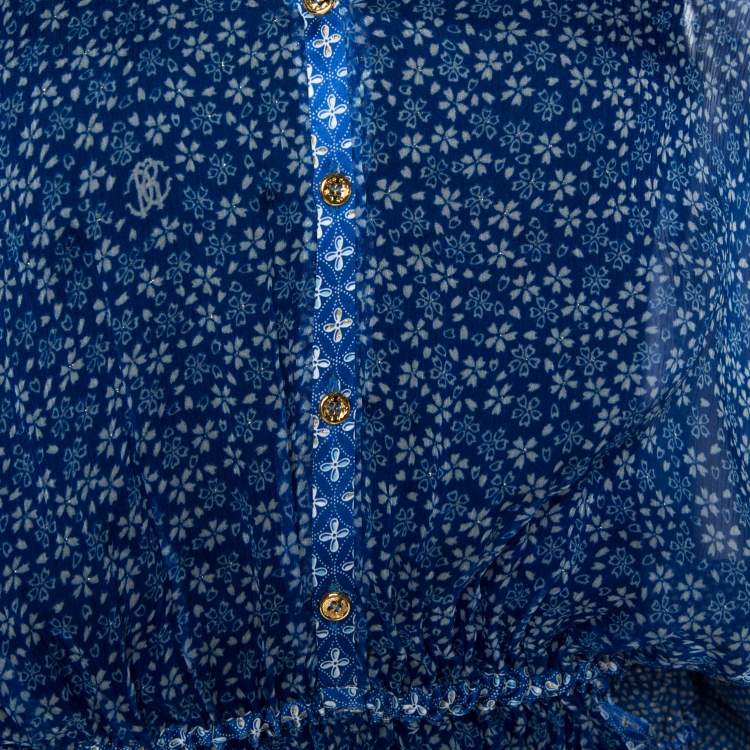 Pre Owned Roberto Cavalli Blue Floral Shimmer Print Silk Sheer Kaftan Blouse M