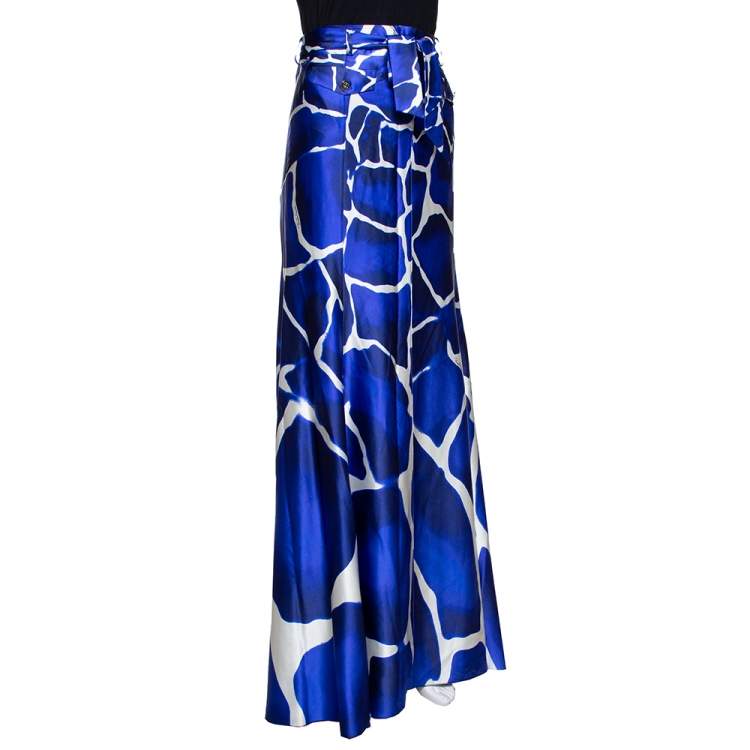 Pre Owned Roberto Cavalli Blue Gaia Printed Silk Flared Maxi Skirt L 