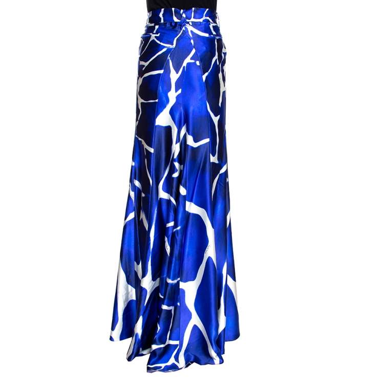 Pre Owned Roberto Cavalli Blue Gaia Printed Silk Flared Maxi Skirt L 