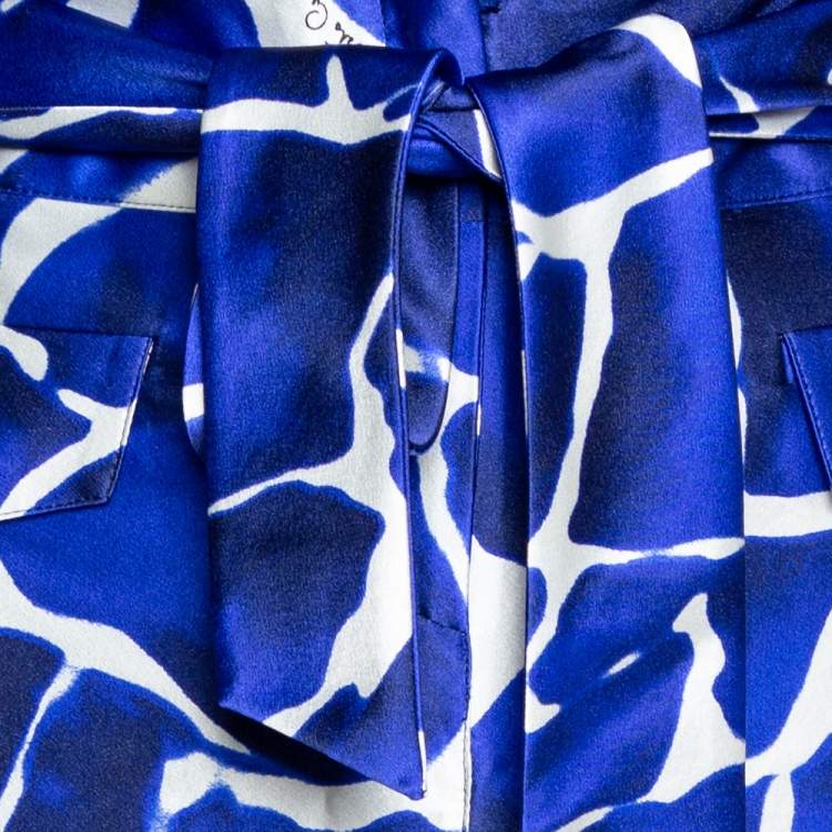 Pre Owned Roberto Cavalli Blue Gaia Printed Silk Flared Maxi Skirt L 