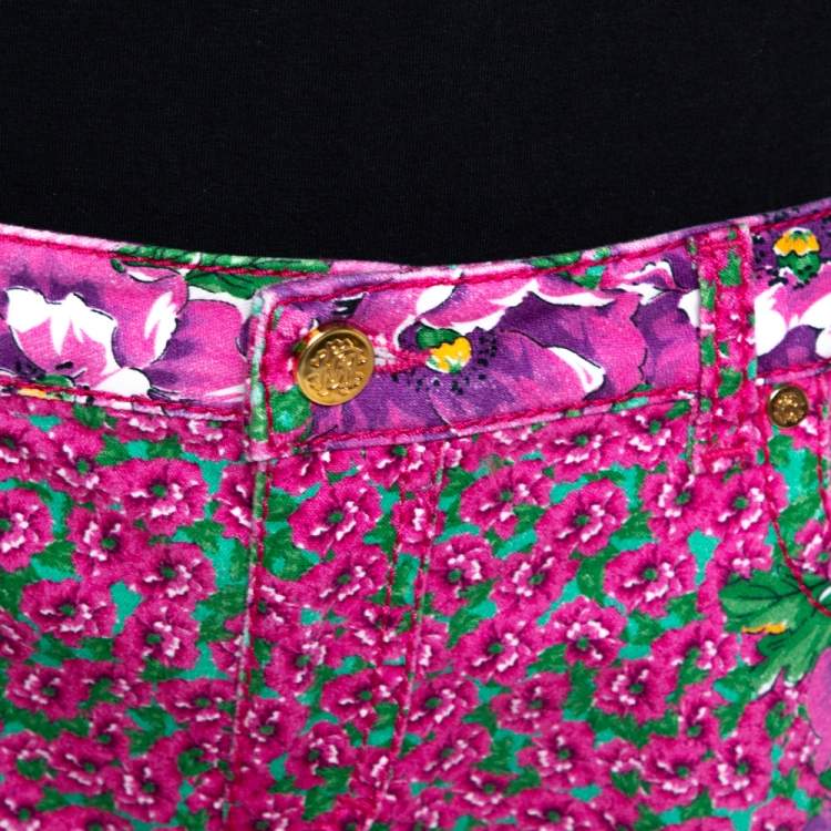 Pre Owned Roberto Cavalli Pink Floral Print Cotton Flared Jeans L