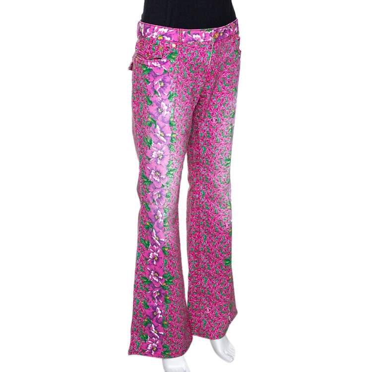Pre Owned Roberto Cavalli Pink Floral Print Cotton Flared Jeans L