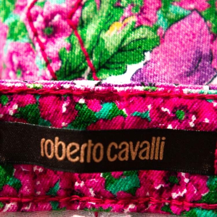 Pre Owned Roberto Cavalli Pink Floral Print Cotton Flared Jeans L