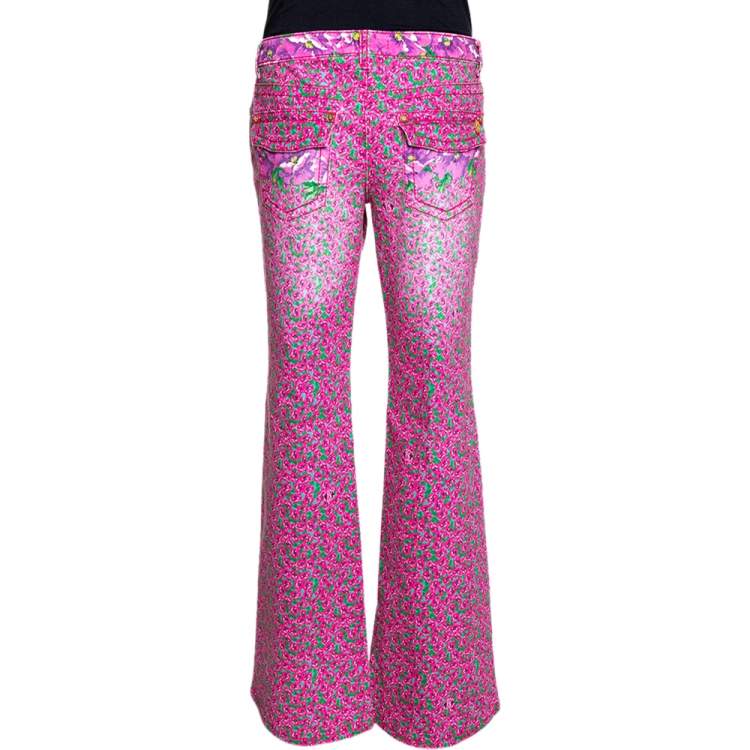 Pre Owned Roberto Cavalli Pink Floral Print Cotton Flared Jeans L