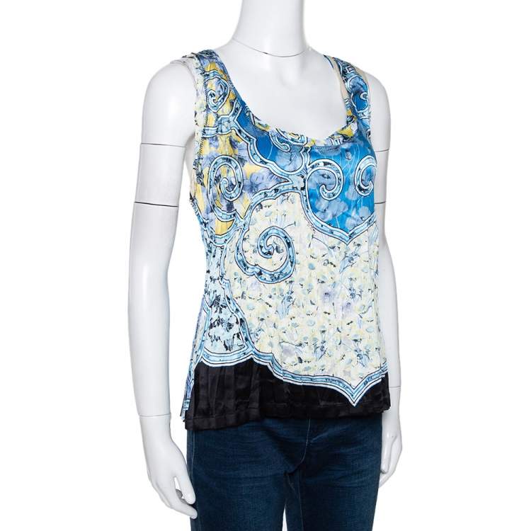Pre Owned Roberto Cavalli Blue Abstract Printed Semi Plisse Silk Sleeveless Top L