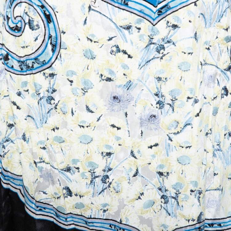 Pre Owned Roberto Cavalli Blue Abstract Printed Semi Plisse Silk Sleeveless Top L