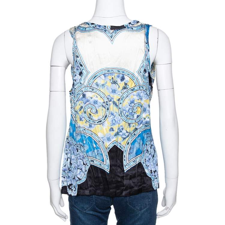 Pre Owned Roberto Cavalli Blue Abstract Printed Semi Plisse Silk Sleeveless Top L