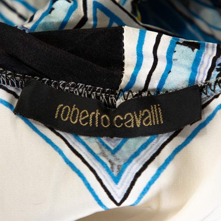 Pre Owned Roberto Cavalli Blue Abstract Printed Semi Plisse Silk Sleeveless Top L