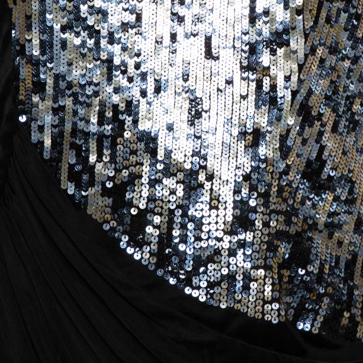 مملوكة مسبقًا Roberto Cavalli Black Knit Sequined & Draped One Shoulder Dress M