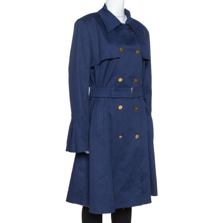 Pre Owned Roberto Cavalli Midnight Blue Cotton Double Breasted Belted Coat L
