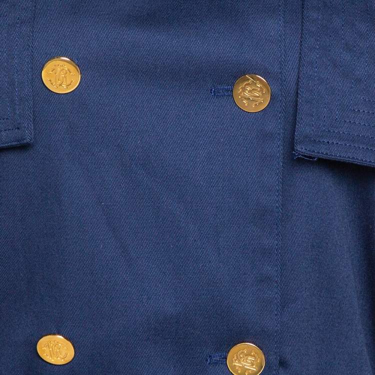 Pre Owned Roberto Cavalli Midnight Blue Cotton Double Breasted Belted Coat L