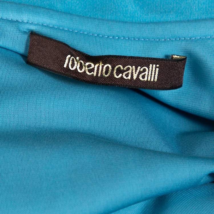 Pre Owned Roberto Cavalli Blue Tapestry Print Jersey Sheath Dress L