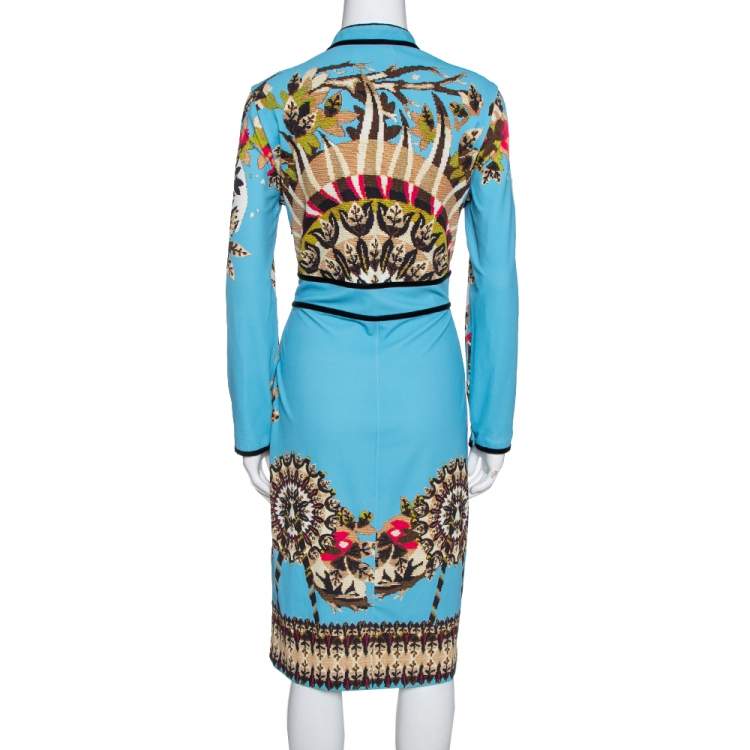 Pre Owned Roberto Cavalli Blue Tapestry Print Jersey Sheath Dress L