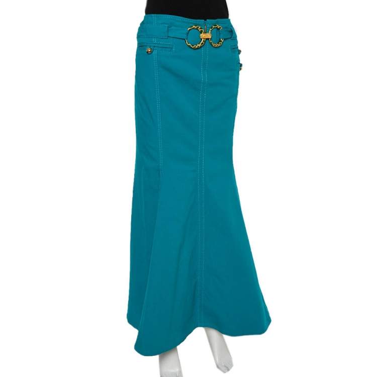 Pre Owned Roberto Cavalli Green Cotton Double Ring Detail Maxi Skirt M
