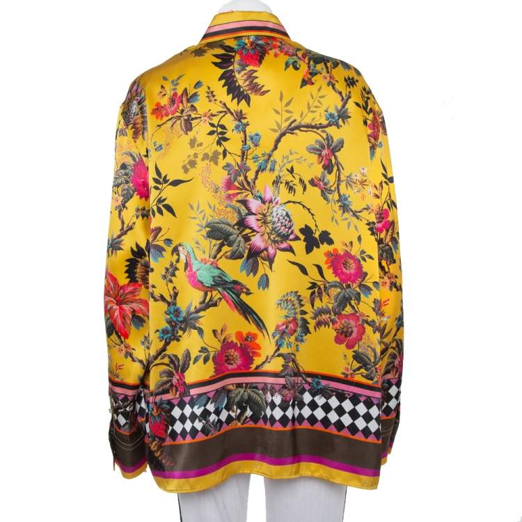 Pre Owned Roberto Cavalli Yellow Tropical Printed Silk Button Front Shirt XL