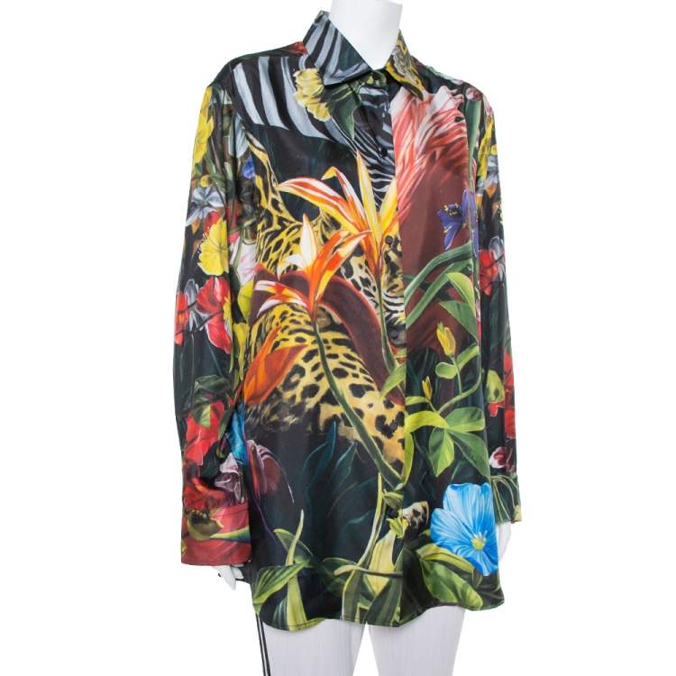Pre Owned Roberto Cavalli Multicolor Heritage Jaguar Printed Silk Button Front Shirt XL