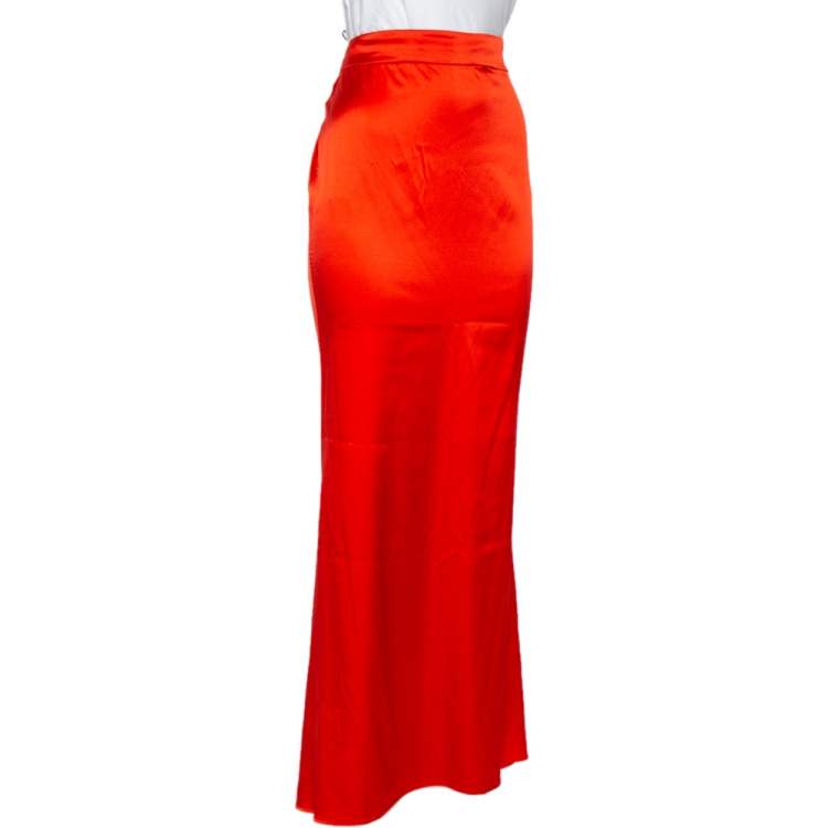 Pre Owned Roberto Cavalli Orange Silk Satin Maxi Skirt M