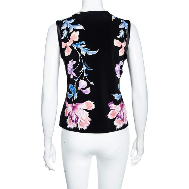 Pre Owned Roberto Cavalli Black Floral Printed Jersey Sleeveless Blouse L