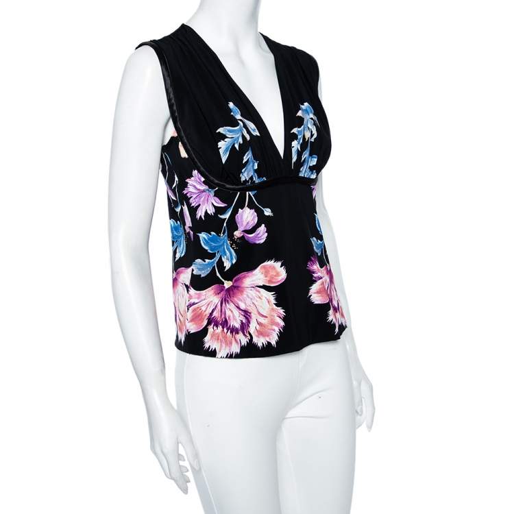Pre Owned Roberto Cavalli Black Floral Printed Jersey Sleeveless Blouse L