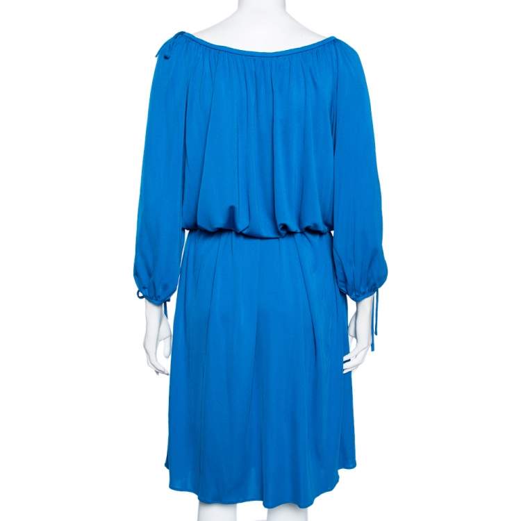 Pre Owned Roberto Cavalli Blue Jersey Cold Shoulder Tassel Tie Detailed Belted Dress M