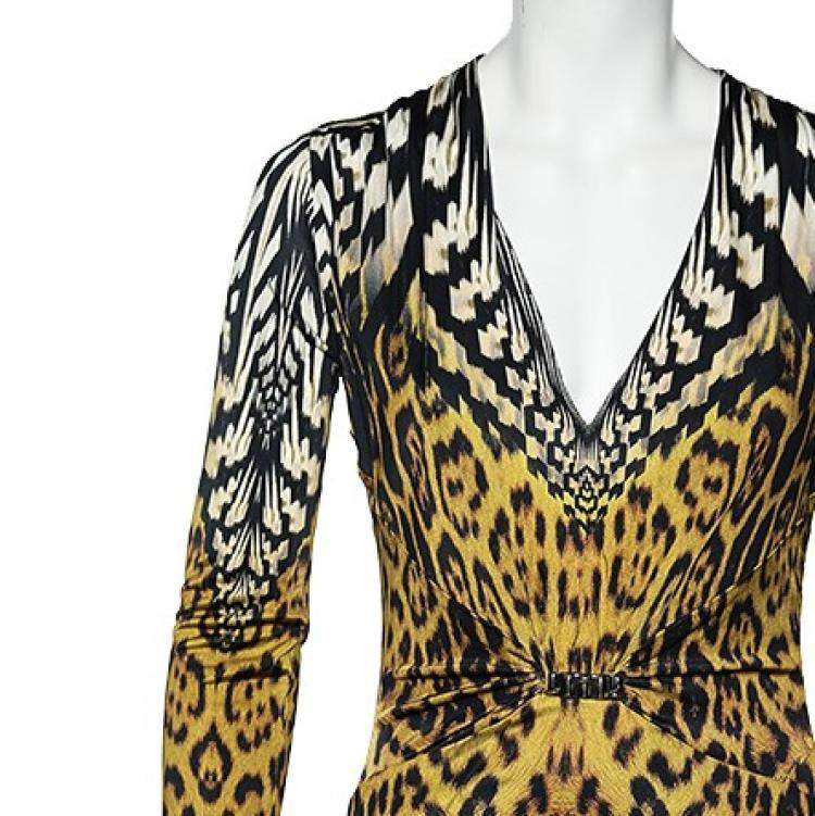 مملوكة مسبقًا Roberto Cavalli Black Leopard Print Jersey Dress M