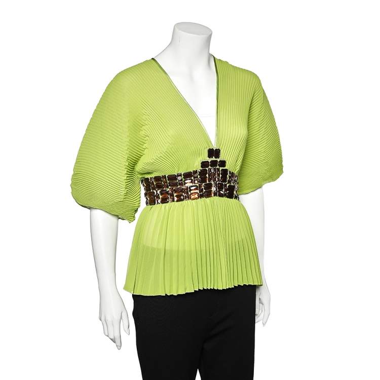 Pre Owned Roberto Cavalli Green Plisse Georgette Embellished Kaftan Top M