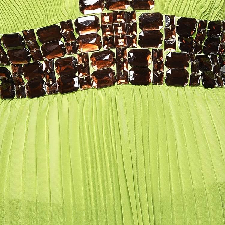 Pre Owned Roberto Cavalli Green Plisse Georgette Embellished Kaftan Top M
