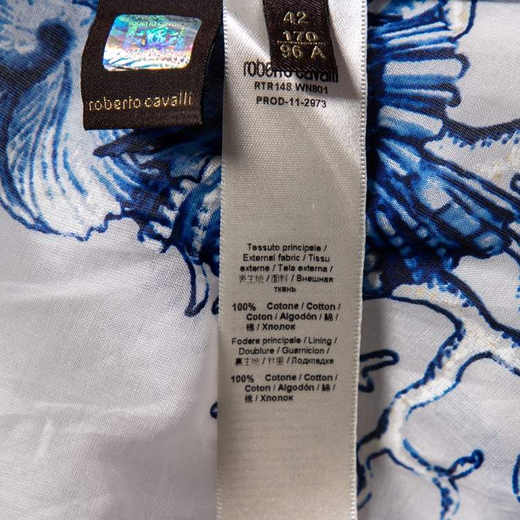 Pre Owned Roberto Cavalli White & Blue Printed Cotton Embellished Detail Maxi Dress M