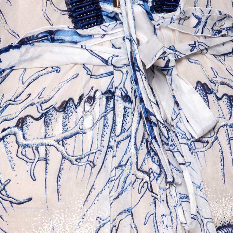 Pre Owned Roberto Cavalli White & Blue Printed Cotton Embellished Detail Maxi Dress M