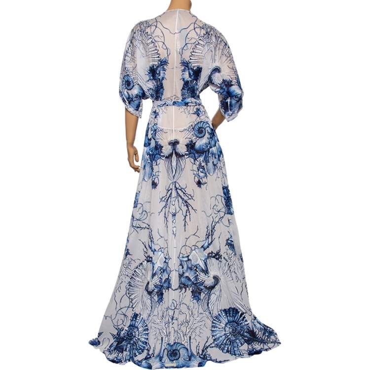 Pre Owned Roberto Cavalli White & Blue Printed Cotton Embellished Detail Maxi Dress M