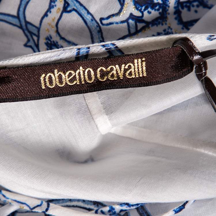Pre Owned Roberto Cavalli White & Blue Printed Cotton Embellished Detail Maxi Dress M